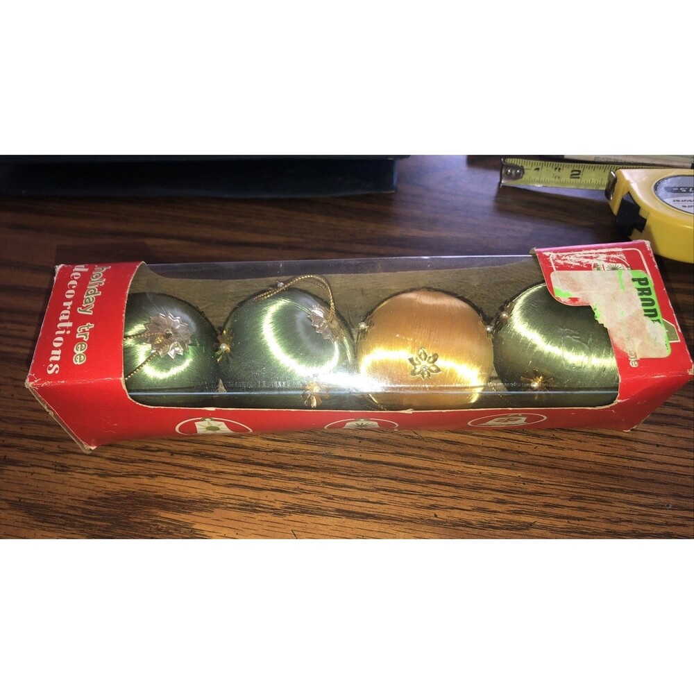 Box Of 4 Satin Christmas Ornaments  Gold Trim Pearls Unmarked